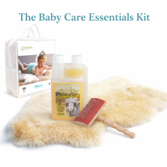 Baby care essentials kit consisting of sheepskin brush, sheepskin rug, and sheepskin cleaner on a white background