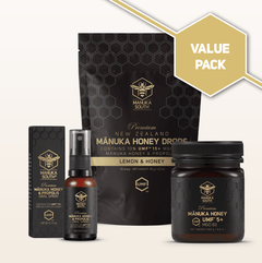 Manuka South Mánåka Honey products including a jar, bottle, and package on a light beige background.