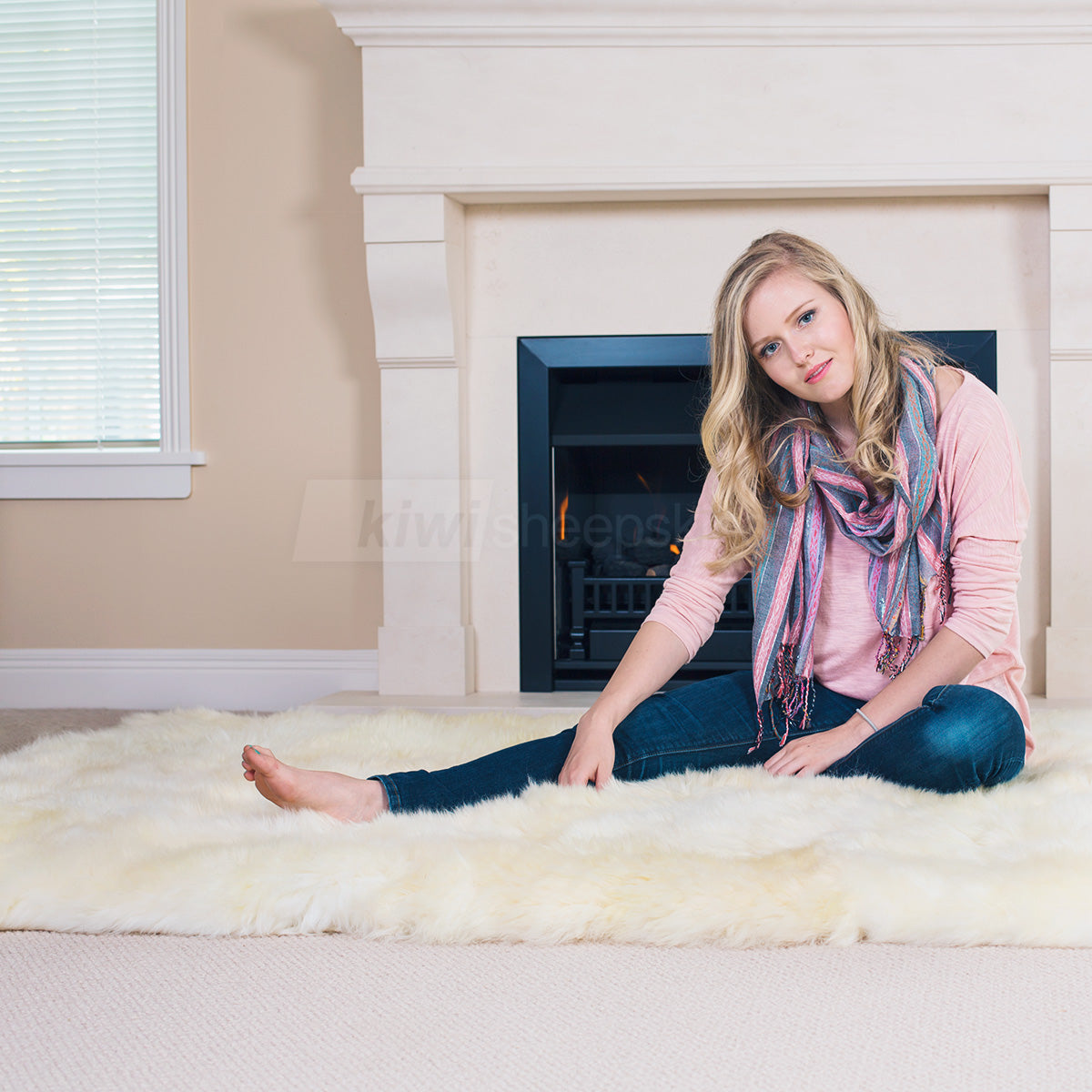 Lady On Rug Classic Rectangle Sheepskin Rugs – Kiwi Sheepskins